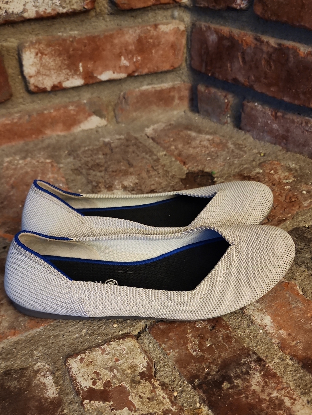 Rothy's Beige Knit Ballet Flats with Blue Trim